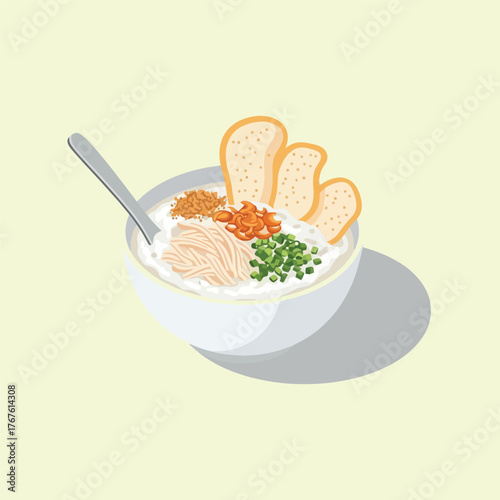 A delicious bowl of Asian rice porridge congee with toppings.