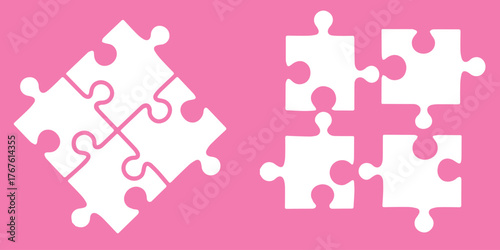 The puzzle pieces are four elements together and a few scattered across the background. Vector drawing of white details on a pink background.