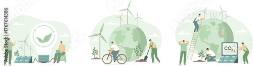 Sustainability and circular economy concept. Green energy use, reduce co2 emission and climate change. ESG, green industry and low carbon vector illustration set