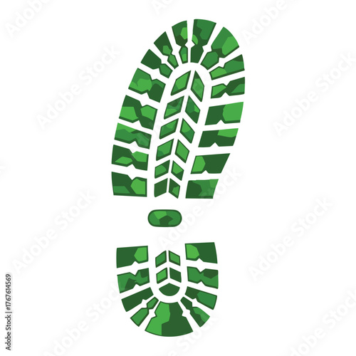 A green, camouflage-patterned shoe print on a white background.
