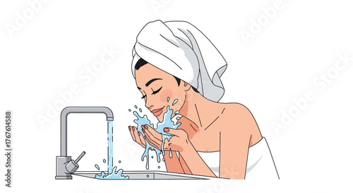 Girl with towel washing her face at the tap beauty and hygiene