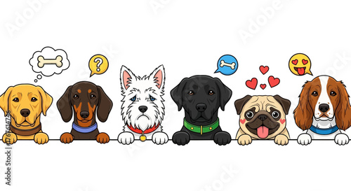 Cartoon illustration of six different dog breeds with various expressions and thought bubbles above them