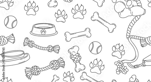 Seamless pattern with dog accessories including bones paws balls bowls and rope toys in black and white