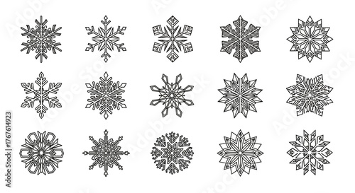 Elegant set of diverse crystalline snowflake patterns, ideal for seasonal graphic design, holiday themes, and festive winter motifs, showcasing intricate detail