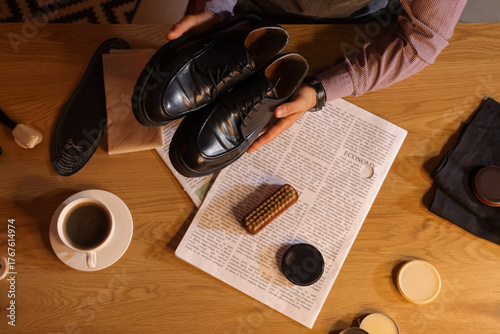 Male shoemaker polishing sh...