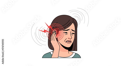 A woman experiencing a sudden ringing sound and sharp earache, a vector illustration representing tinnitus, otitis, and hearing problems