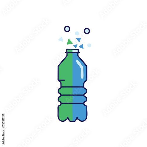of a plastic bottle with green and blue halves, releasing bubbles.