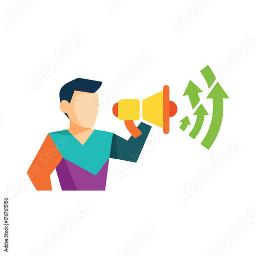 Man with megaphone announcing growth with upd arrows.