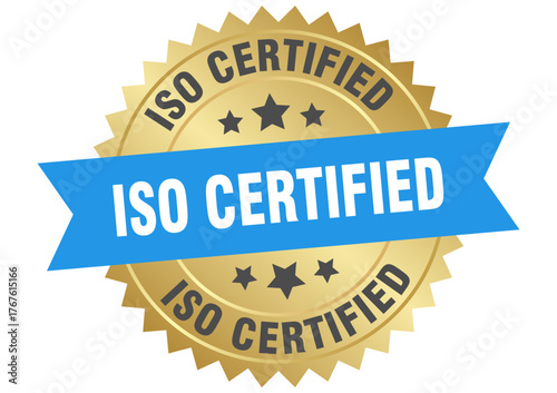 iso certified. iso certified round blue and gold label isolated on transparent background