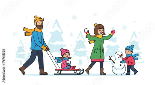 Happy family enjoying winter fun outdoors with a sled, snowman, and snowball fight in a snowy park
