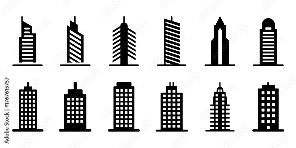 Obraz premium Collection of Stylized Outline Buildings on Black Background image isolated on transparent background, png