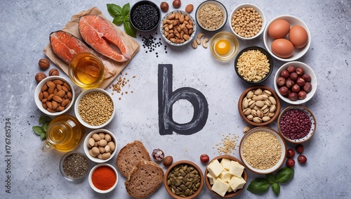 a flat lay arrangement of various foods rich in b vitamins encircling a large letter 