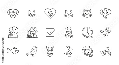 Collection of line art icons featuring various pets and animal related symbols in a simple style