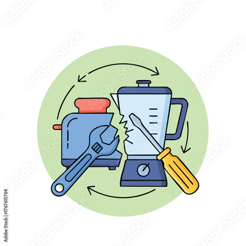 Icon of a broken blender and toaster being repaired with tools.