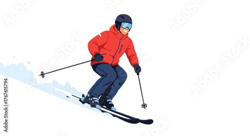 Dynamic vector illustration of a skier in a red jacket and helmet racing down a snowy slope on a winter day