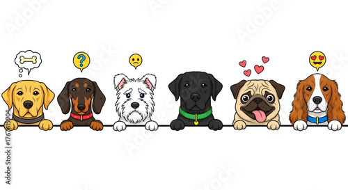 Cartoon illustration of six different dog breeds with various emotions and thought bubbles above them