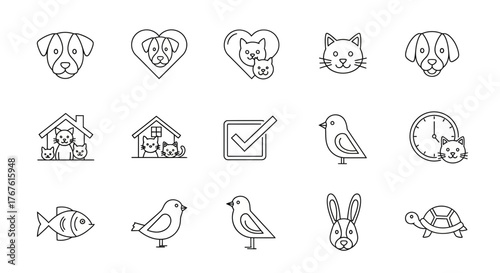 Collection of outline icons featuring pets, animals, and symbols in a clean and simple style design