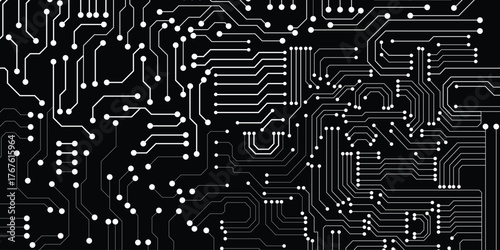 Circuit board and curve on black background.