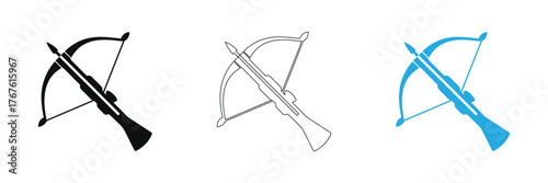 Craft a unique design with these crossbow icons. Perfect for hunting themes, medieval art, or gaming concepts. Available in black, line art, and blue.