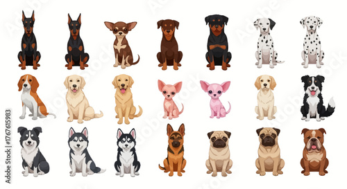 Illustration showing a variety of dog breeds sitting on a white background in a cartoon style