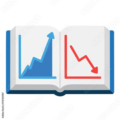 An open book displays two charts: one rising, one falling.