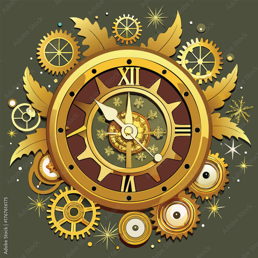Obraz premium Vintage Steampunk Christmas Clock with Gears and Golden Details Vector