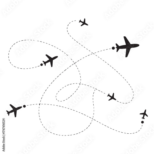 Line path vector icons of an airplane flight routes with start point and dash line trace vector
