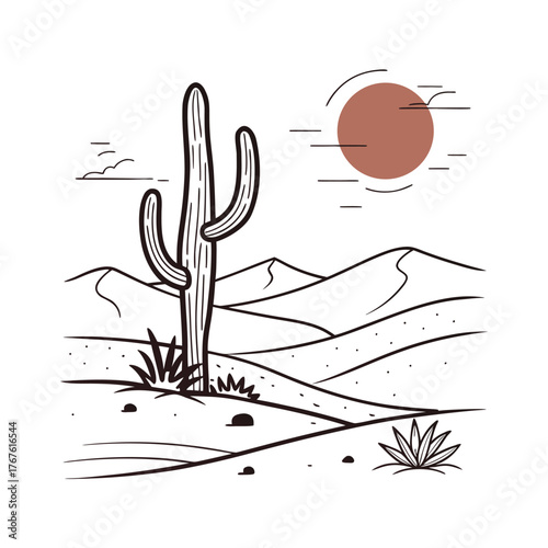 Minimalist Cactus and Sun Desert Scene Illustration