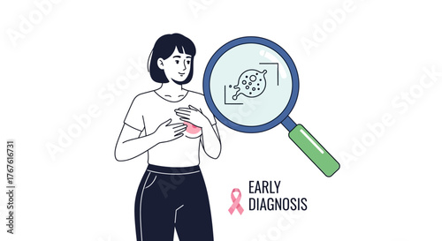 Scientific concept of early diagnosis for breast cancer with a woman, pink ribbon, and cellular analysis illustration