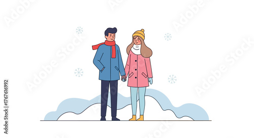 Romantic couple holding hands in snowy winter weather illustration