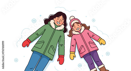 Two Smiling Girls Making Snow Angels in Winter A Fun Outdoor Activity