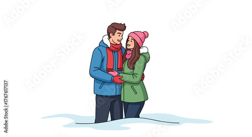 Couple hugging in winter snow wearing warm clothes, enjoying romantic moment together
