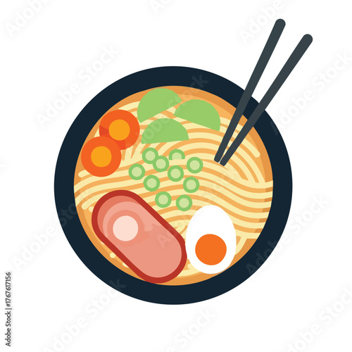 Flat design of a bowl of ramen noodles with toppings.