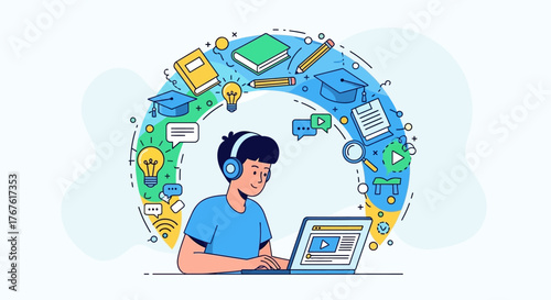 Online education concept: student with laptop surrounded by learning icons.