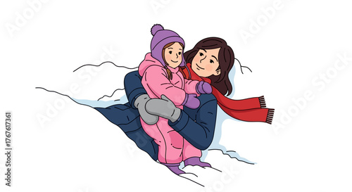 Smiling mother embraces her bundled-up daughter, sharing a heartwarming moment in a beautiful snowy winter landscape outdoors