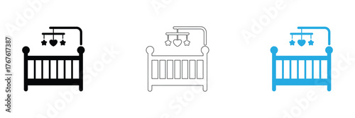 Sweet baby crib icon with adorable mobile, perfect for nursery themes, parenting, and celebrating new life. Evokes warmth and joy.