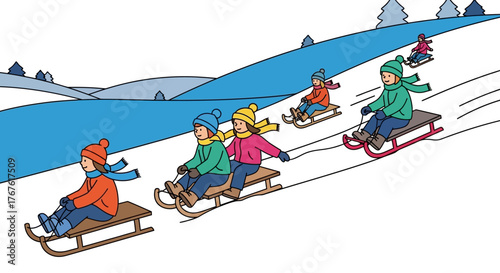 A joyful group of diverse children having fun sledding down a snowy hill in a winter landscape illustration