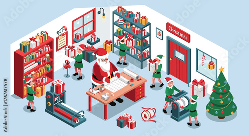 Santa Claus and elves preparing gifts in a workshop, with wrapping paper, presents, and a Christmas tree.