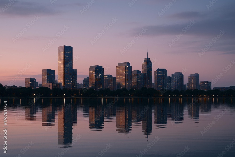 Fototapeta premium Stunning City Skyline at Dusk with Reflections on Tranquil Water