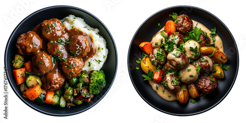 top view black plate of meatballs in a creamy white sauce, surrounded by sautéed vegetables isolated on transparent background	