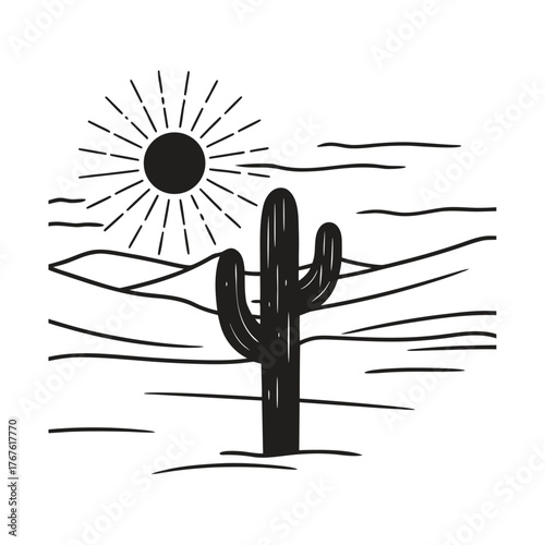 Minimalist Cactus and Sun Desert Scene Illustration
