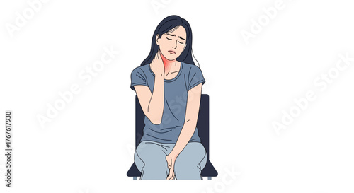 Woman experiencing neck pain, discomfort, and stiffness in neck muscles