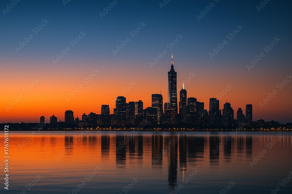 Obraz premium Stunning City Skyline Silhouette at Sunset Reflecting on Water