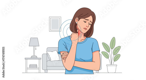 Young woman experiencing sudden, acute throat pain, a symptom of illness or infection, in a quiet home setting