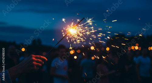 A hand holding a bright sparkling firework against a dark blue evening sky