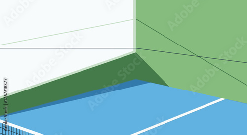 A vibrant blue tennis court illustration with crisp white lines.
