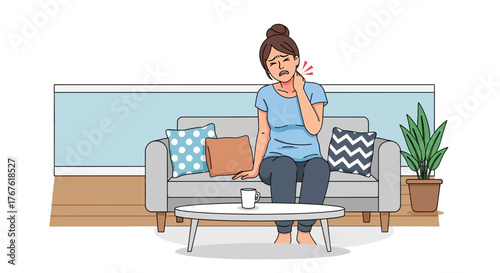 A woman experiencing severe neck pain and muscle tension from office syndrome, sitting on a couch at home feeling stressed