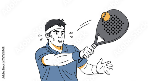 Focused Padel Player Hitting Ball with Racket in Intense Match.