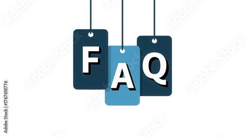 Three hanging dark blue and light blue tags displaying the letters f a q isolated on transparent background