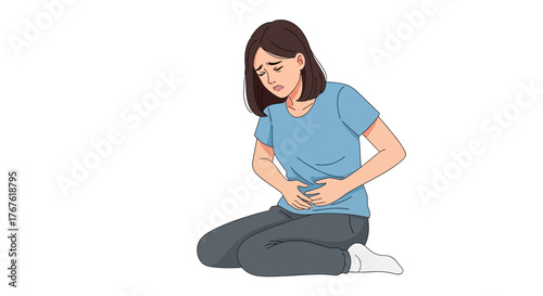 Vector illustration of a young woman suffering from severe abdominal pain, menstrual cramps, or digestive problems